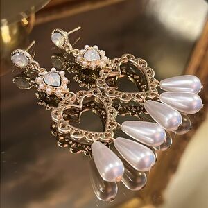 Pearl Heart Post Drop Earrings